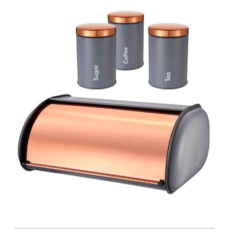 20210319_235648-1.jpg Breadbin – Matte Grey with Rose Gold Lid Plus 3 Piece Matching Canister Set - Image 1