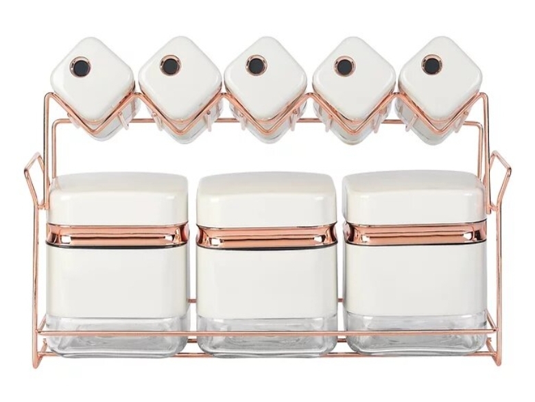 Screenshot_20220720-141425_Samsung-Internet.jpg Square Glass Storage Canister Set and Matching Spice Bottles with Rose Gold Stand 8 Piece-Cream - Image 1