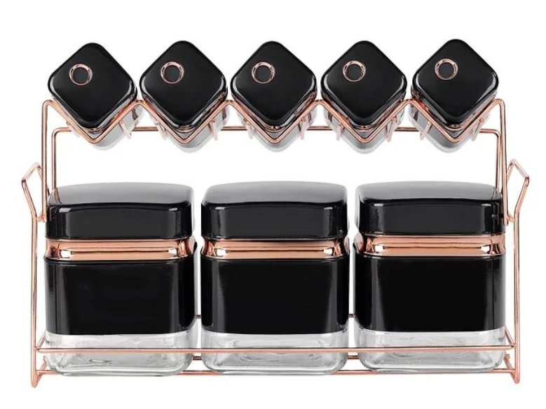 Screenshot_20220720-141451_Samsung-Internet.jpg Square Glass Storage Canister Set and Matching Spice Bottles with Rose Gold Stand 8 Piece-Gloss Black - Image 1