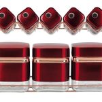 Square Glass Storage Canister Set and Matching Spice Bottles with Rose Gold Stand 8 Piece-Metallic Red