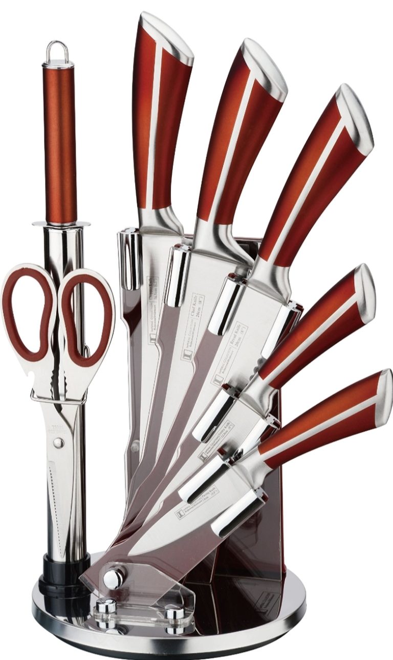 Knife Set with Rotating Block Stand Rose Gold9 Piece Golden Chef