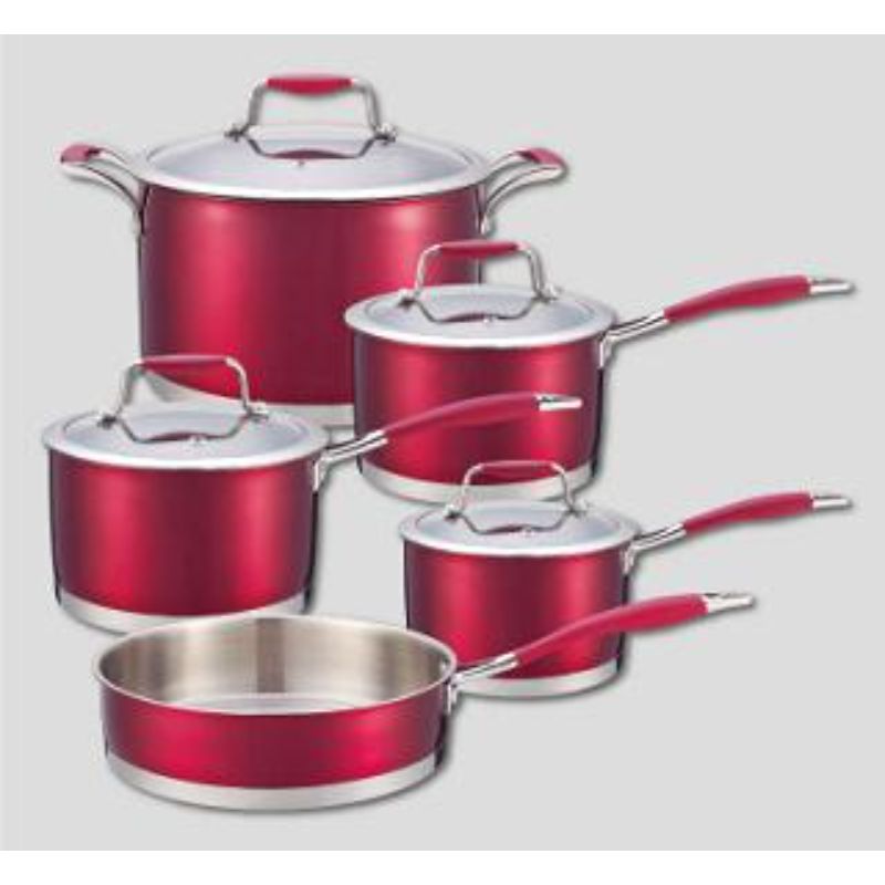 p-213-9pcs_stainless_steel.jpg Cookware Set Stainless Steel Metallic Red Heavy Base-12 Piece - Image 1