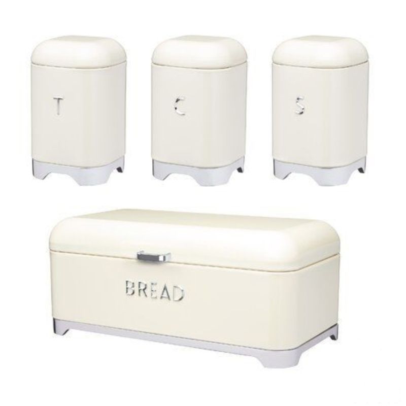 retro-white-set-1.jpg Breadbin Retro Design with 3 Piece Matching Canister Set-Cream - Image 1